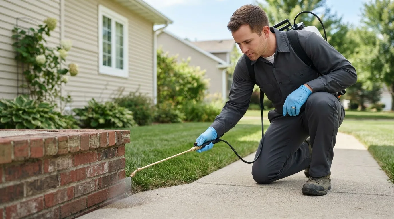 Pest control technician treating a home near Dumont, MN