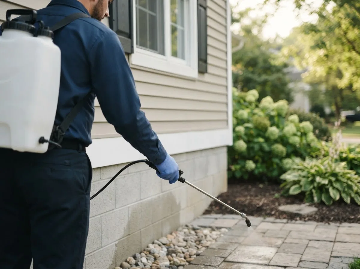 Pest control technician inspecting a home in Dumont, MN